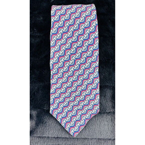 Hermes Paris Men's 100% Silk Tie #7120 Geometric Repp Tie Blue Red WHITE GREY - Picture 1 of 14